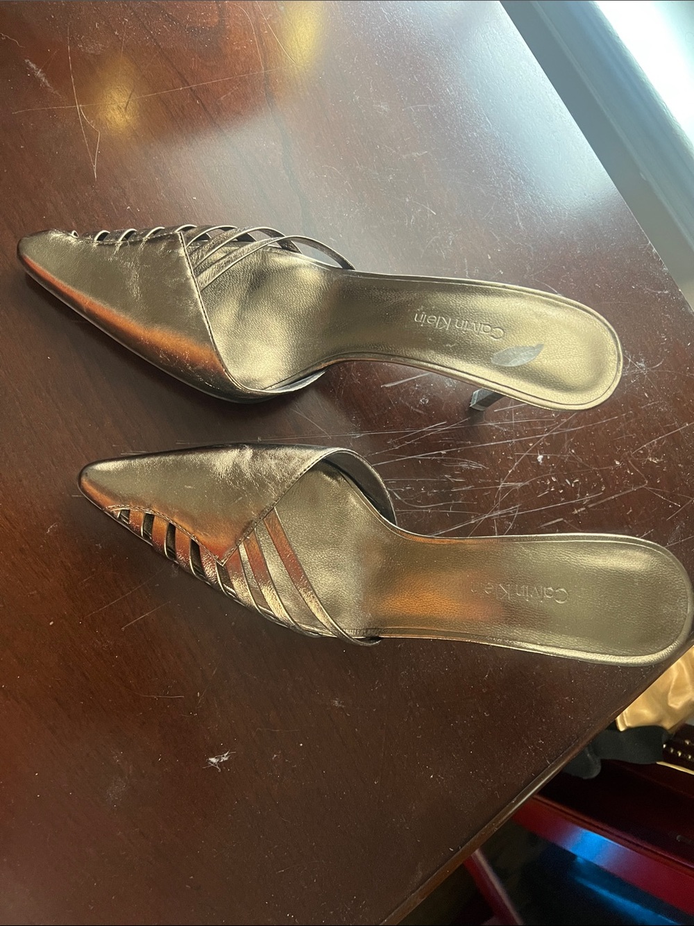 Calvin Klein Bronze Metallic Pointed Toe Strappy Mule Heels